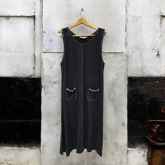 Bechamel Black Cotton Maxi Jumper Dress Button Pockets Large Lagenlook Boho - Picture 1 of 7